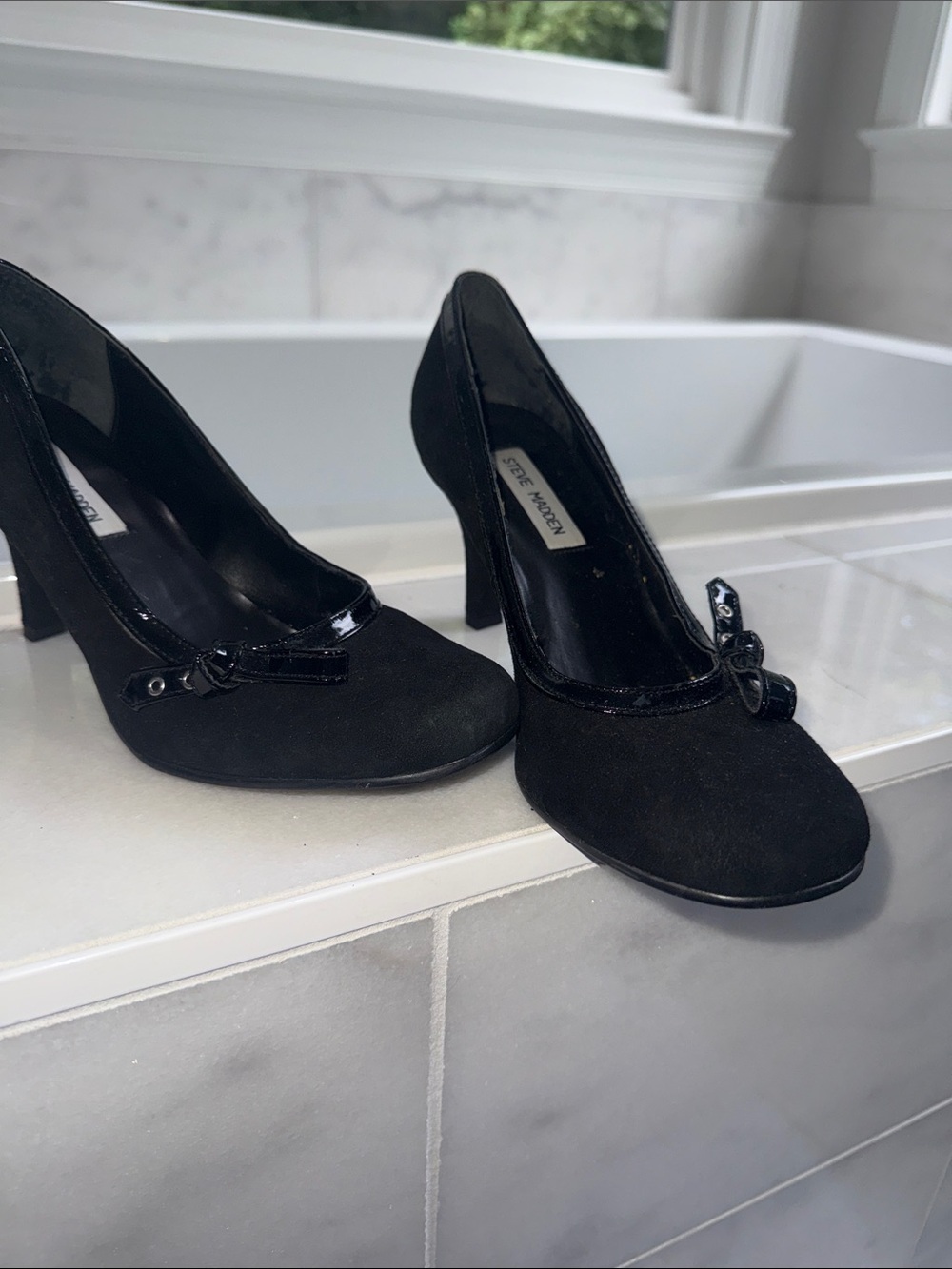 Steve Madden Black Suede Bow-Trim High Heel Pumps